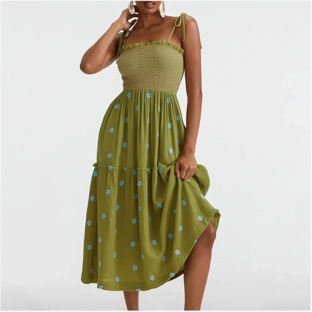 Smocked Tiered Midi Dress in Olive Green - Picture 5 of 10